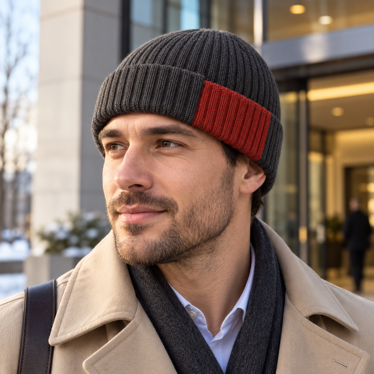 Offset-Cuff City Beanie — Low Rounded Crown with a Graphite Fold and a Brick-Red Stepped Front Edge
