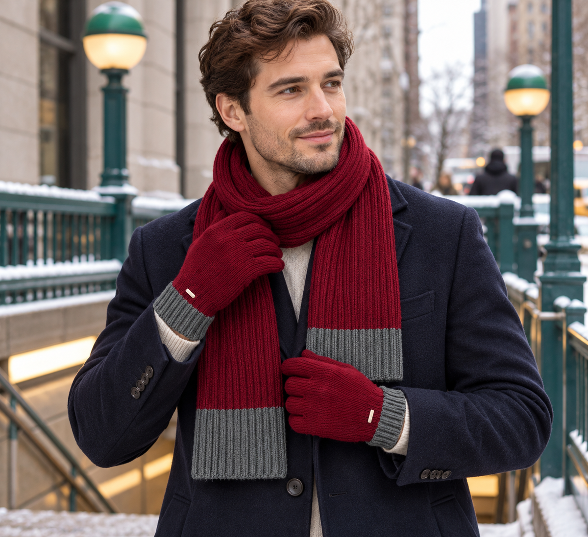 Coordinated Scarf and Glove Set — Wine Knit Scarf with Slate End Bands and Matching Full-Finger Commuter Gloves