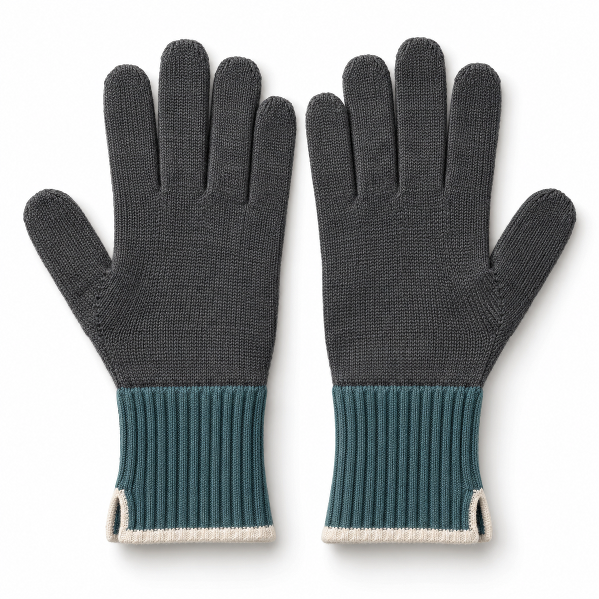 Split-Cuff Knit Commuter Gloves — Full-Finger Coverage with a Teal Ribbed Wrist and an Ivory Folded Edge
