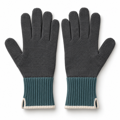 Split-Cuff Knit Commuter Gloves — Full-Finger Coverage with a Teal Ribbed Wrist and an Ivory Folded Edge