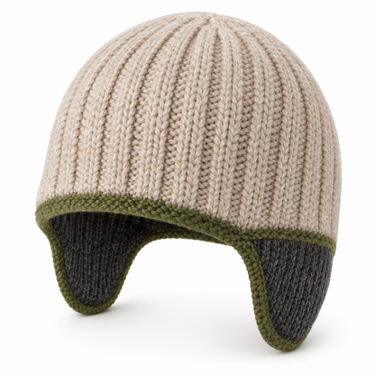 Contour-Ear Rib Knit Hat — Rounded Oatmeal Crown with Graphite Ear Panels and a Thin Moss Border