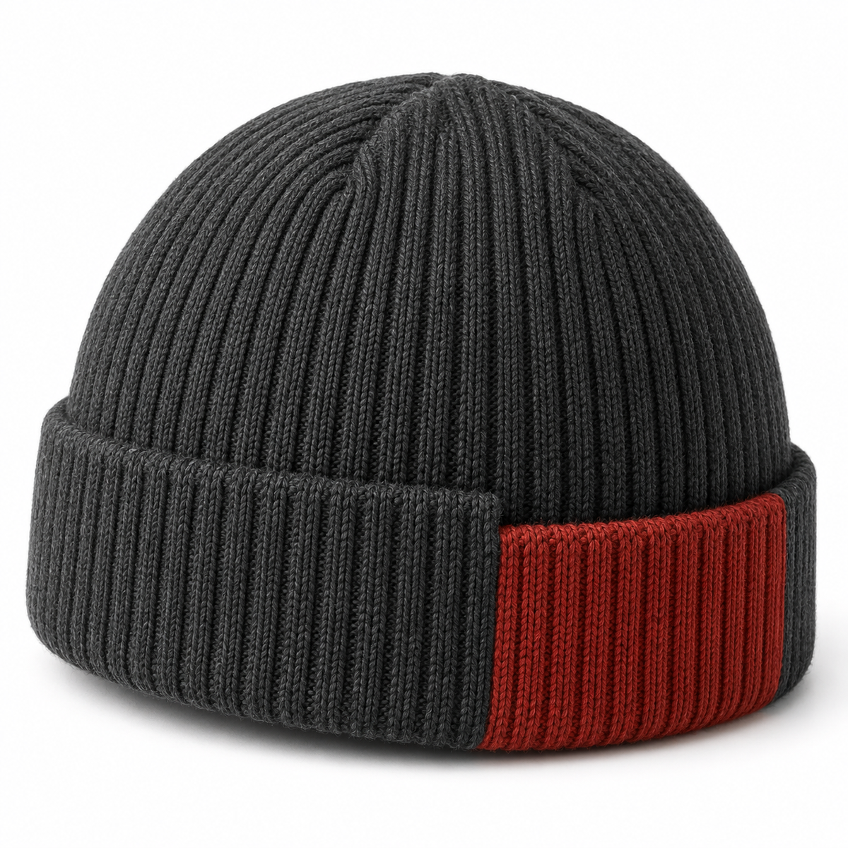 Offset-Cuff City Beanie — Low Rounded Crown with a Graphite Fold and a Brick-Red Stepped Front Edge