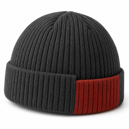 Offset-Cuff City Beanie — Low Rounded Crown with a Graphite Fold and a Brick-Red Stepped Front Edge