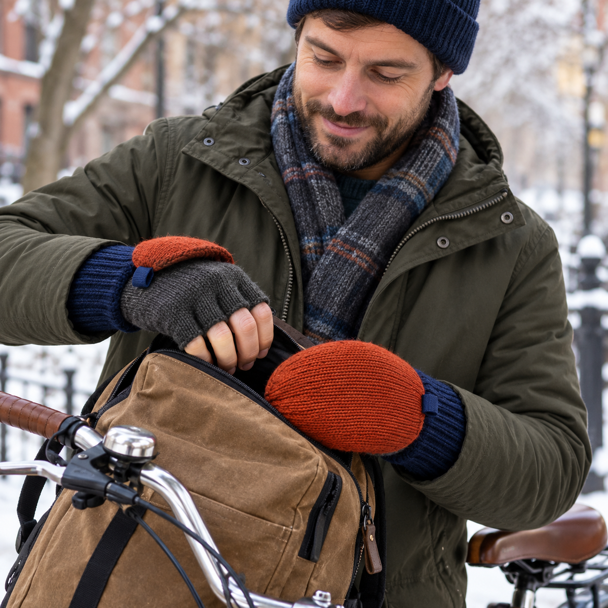 Fold-Back Commuter Mittens — Rust Knit Finger Covers with Graphite Open-Finger Bases and Navy Wrist Cuffs