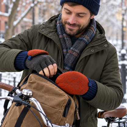 Fold-Back Commuter Mittens — Rust Knit Finger Covers with Graphite Open-Finger Bases and Navy Wrist Cuffs