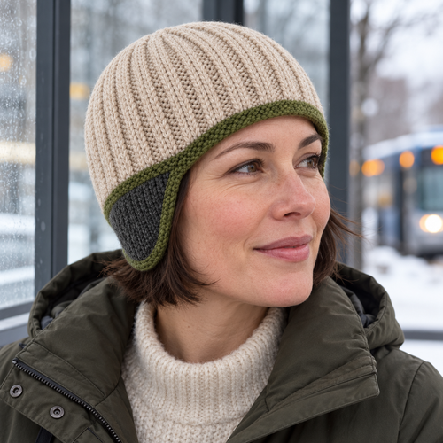 Contour-Ear Rib Knit Hat — Rounded Oatmeal Crown with Graphite Ear Panels and a Thin Moss Border