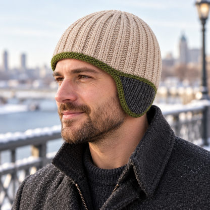 Contour-Ear Rib Knit Hat — Rounded Oatmeal Crown with Graphite Ear Panels and a Thin Moss Border