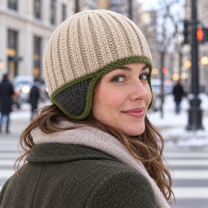 Contour-Ear Rib Knit Hat — Rounded Oatmeal Crown with Graphite Ear Panels and a Thin Moss Border