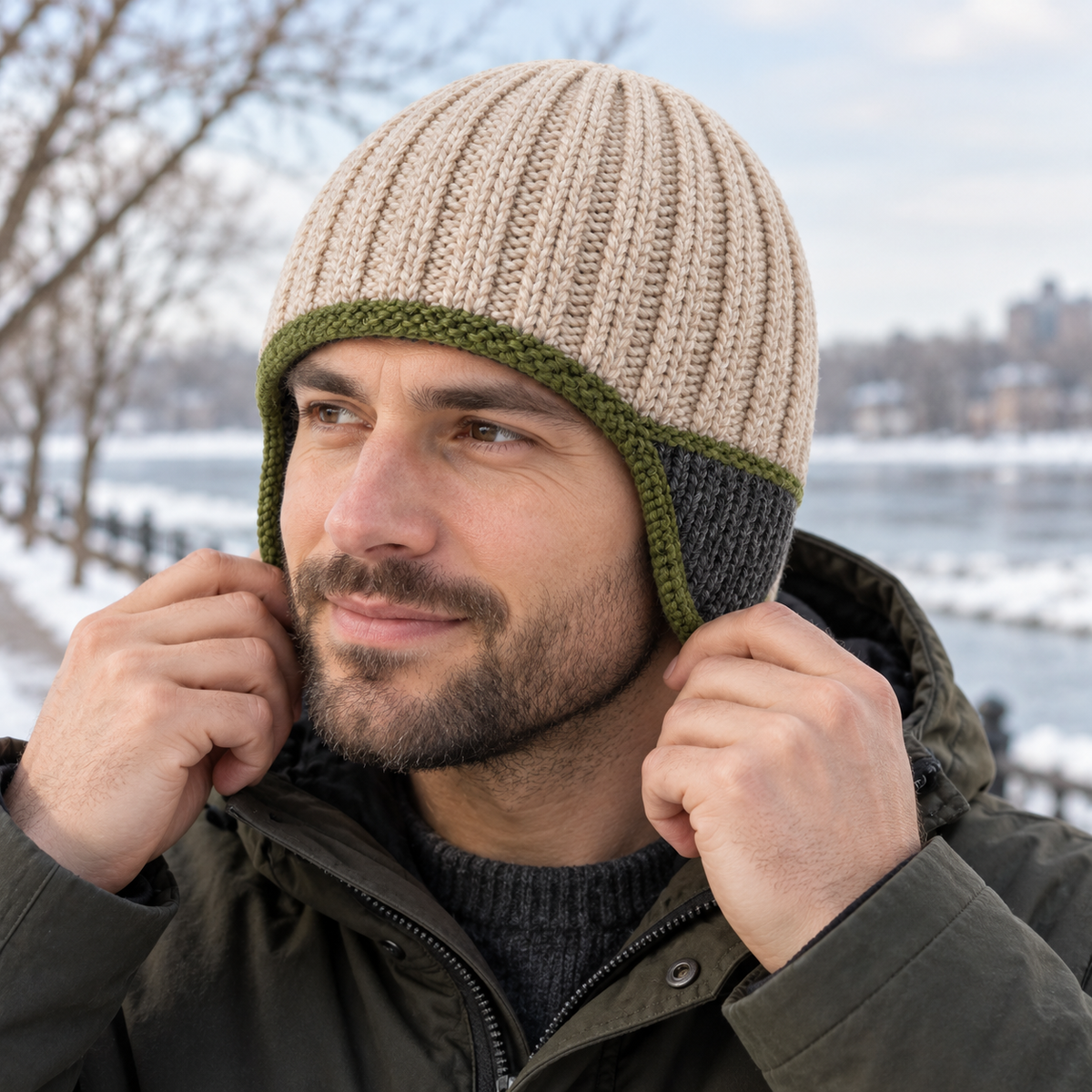 Contour-Ear Rib Knit Hat — Rounded Oatmeal Crown with Graphite Ear Panels and a Thin Moss Border