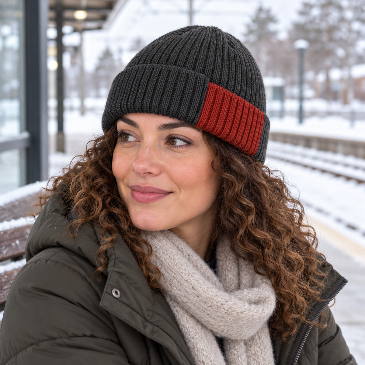 Offset-Cuff City Beanie — Low Rounded Crown with a Graphite Fold and a Brick-Red Stepped Front Edge