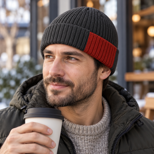 Offset-Cuff City Beanie — Low Rounded Crown with a Graphite Fold and a Brick-Red Stepped Front Edge