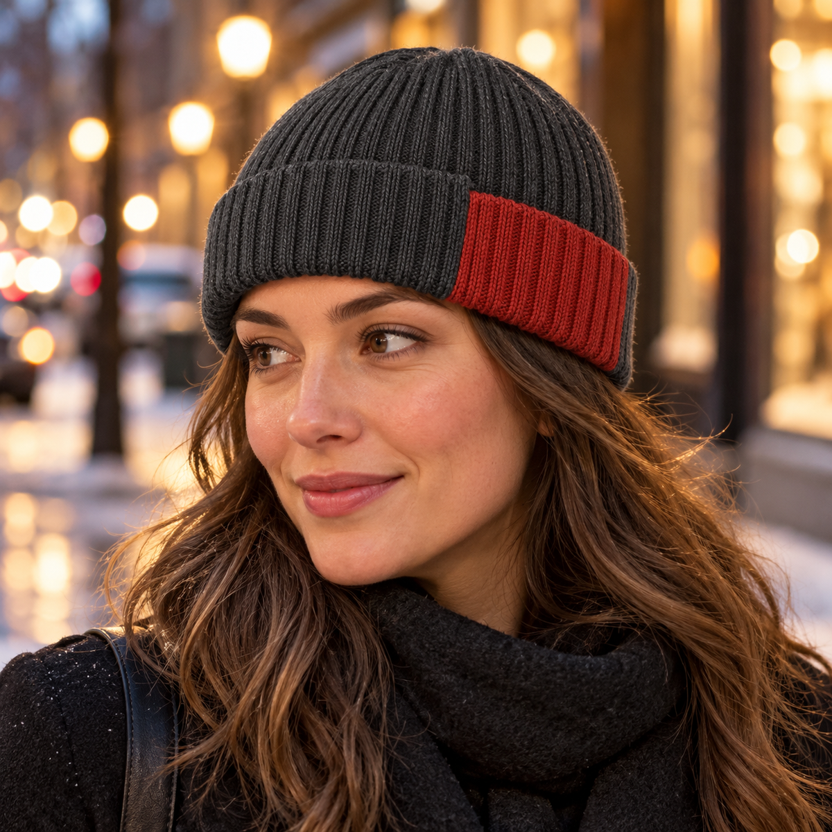 Offset-Cuff City Beanie — Low Rounded Crown with a Graphite Fold and a Brick-Red Stepped Front Edge