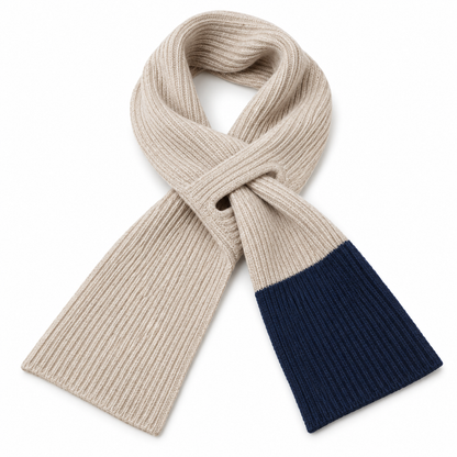 Thread-Through Commuter Scarf — Oatmeal Knit with One Navy End Panel and a Bound Rectangular Pass-Through Opening