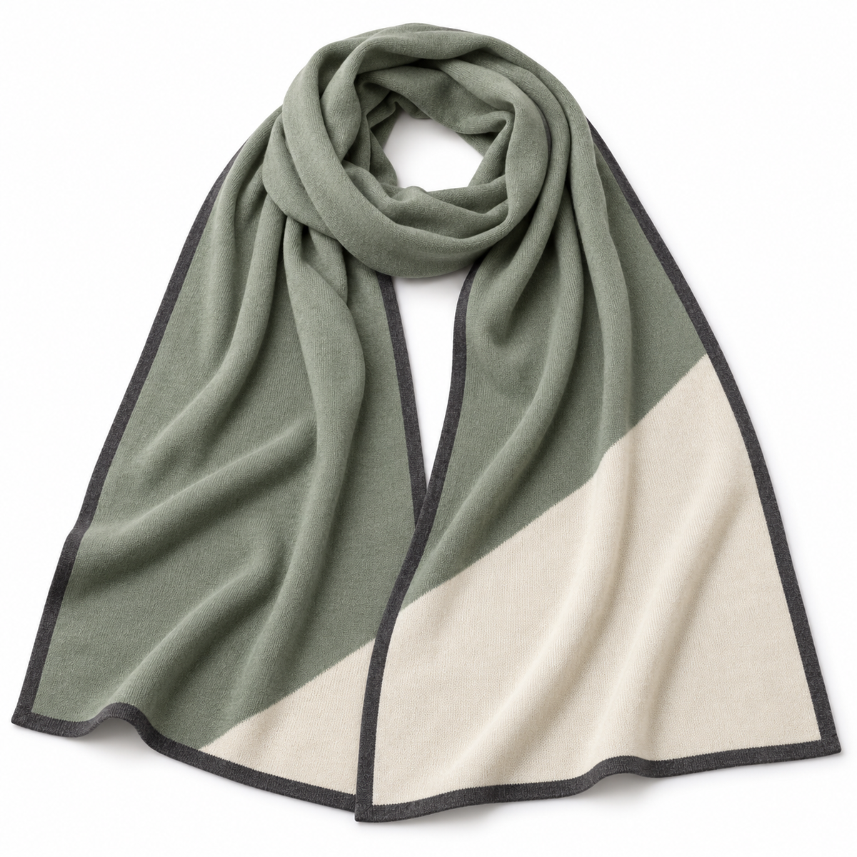 Diagonal-Panel Shoulder Scarf — Wide Sage and Cream Wrap with a Charcoal Edge and a Flat Fringe-Free Finish