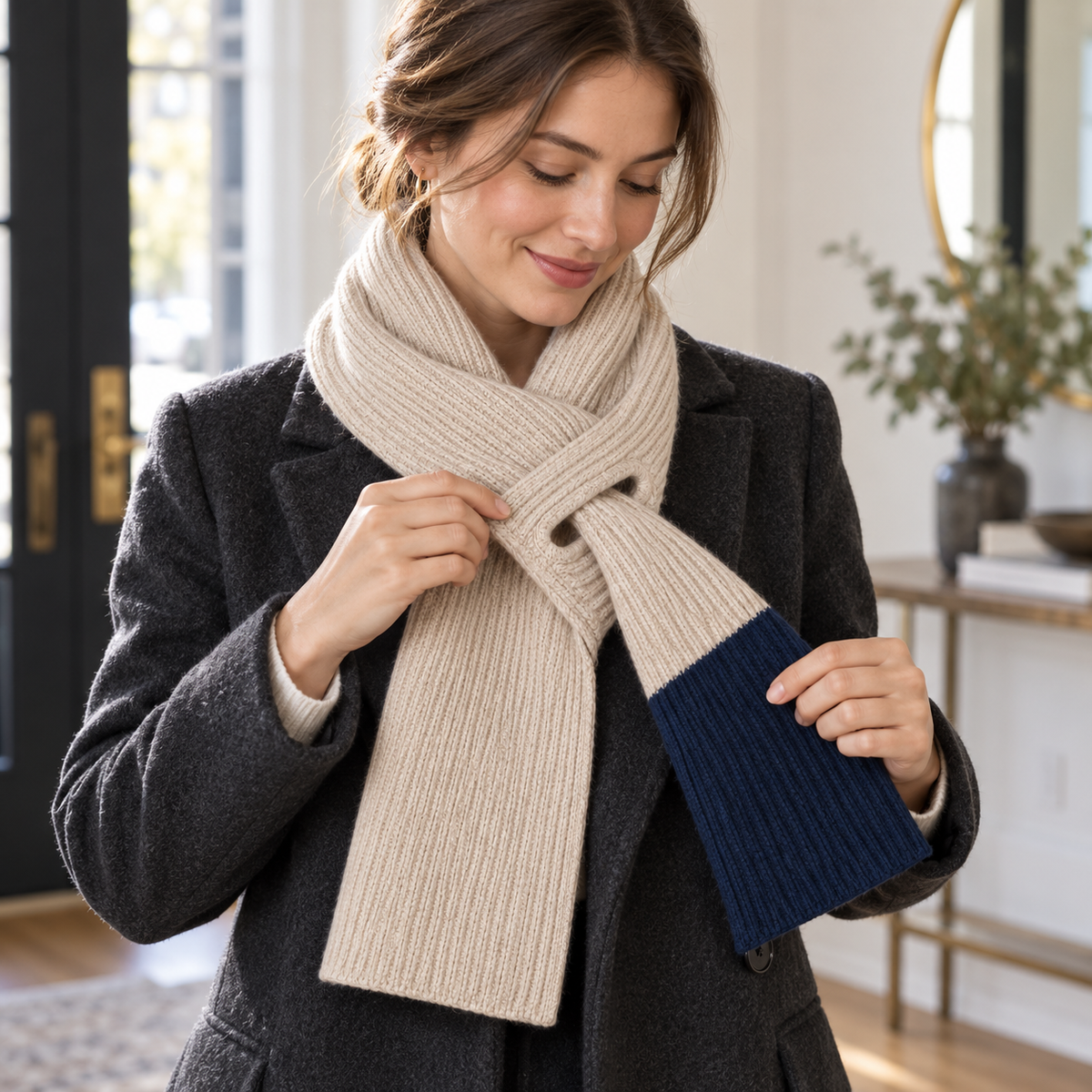 Thread-Through Commuter Scarf — Oatmeal Knit with One Navy End Panel and a Bound Rectangular Pass-Through Opening