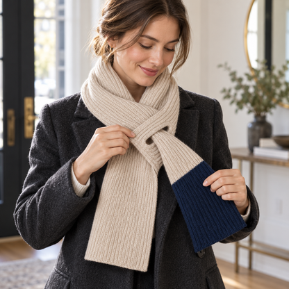 Thread-Through Commuter Scarf — Oatmeal Knit with One Navy End Panel and a Bound Rectangular Pass-Through Opening