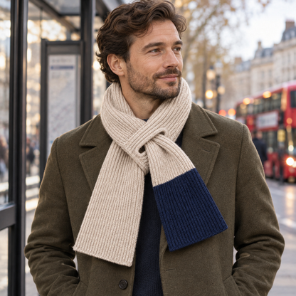 Thread-Through Commuter Scarf — Oatmeal Knit with One Navy End Panel and a Bound Rectangular Pass-Through Opening
