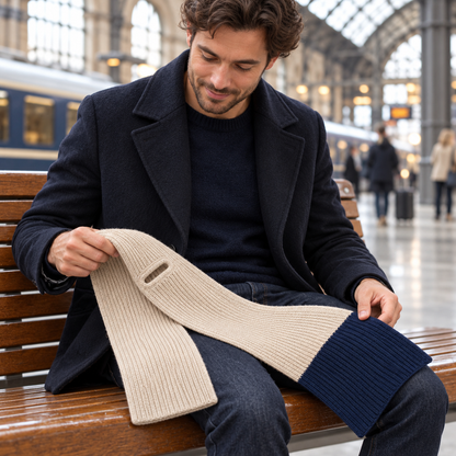 Thread-Through Commuter Scarf — Oatmeal Knit with One Navy End Panel and a Bound Rectangular Pass-Through Opening