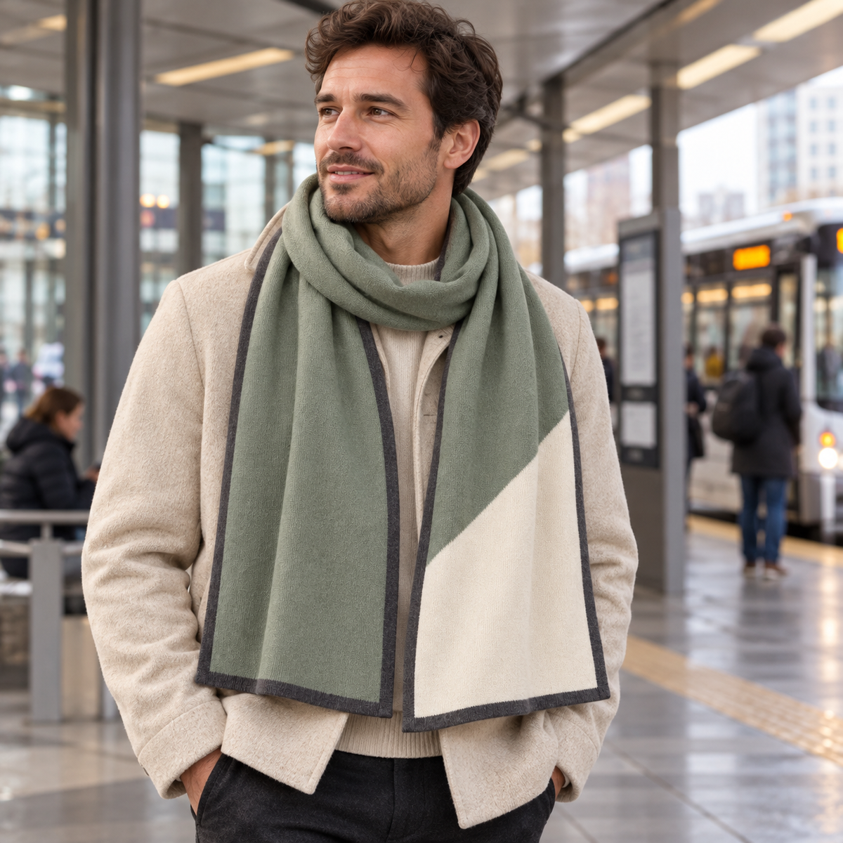 Diagonal-Panel Shoulder Scarf — Wide Sage and Cream Wrap with a Charcoal Edge and a Flat Fringe-Free Finish