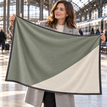 Diagonal-Panel Shoulder Scarf — Wide Sage and Cream Wrap with a Charcoal Edge and a Flat Fringe-Free Finish