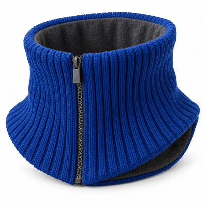 Split-Front Commuter Neck Collar — Cobalt Rib Knit with a Short Graphite Front Zip and a Curved Lower Edge