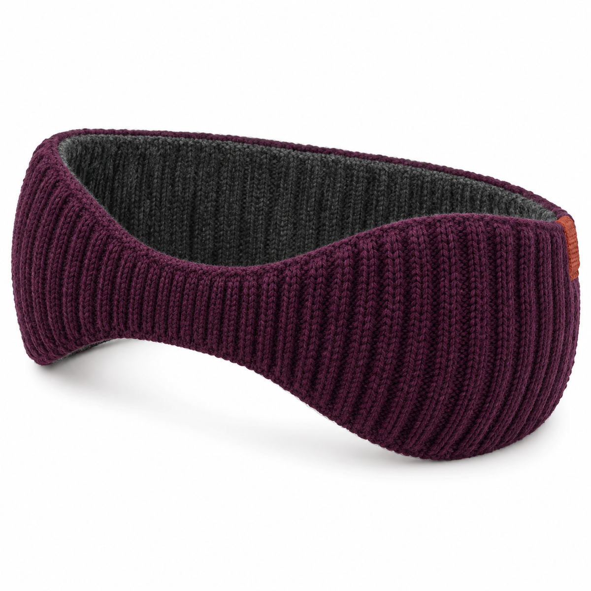 Wide-Back Knit Commuter Earband — Plum Ribbed Wrap with a Narrow Front and a Curved Graphite Inner Facing