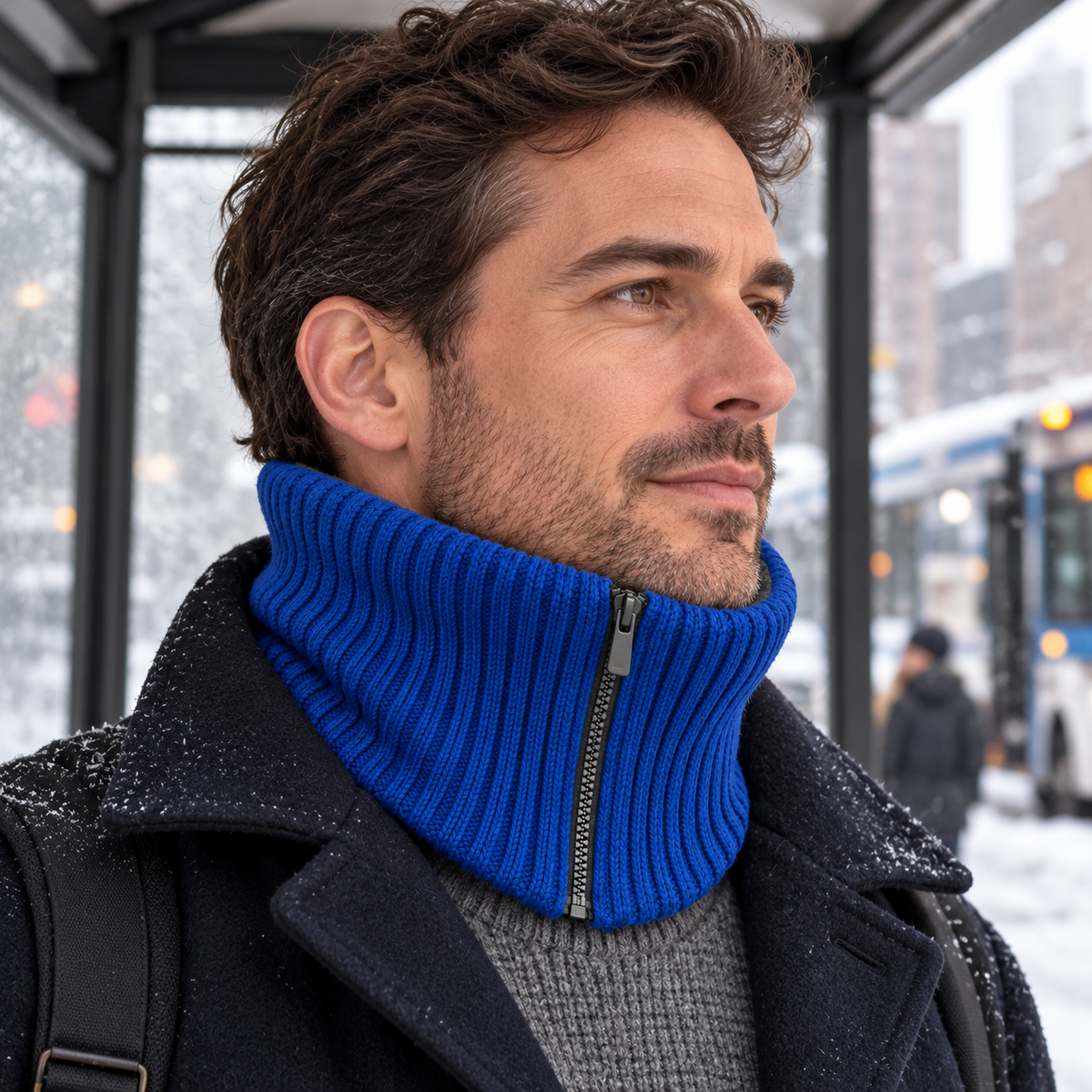 Split-Front Commuter Neck Collar — Cobalt Rib Knit with a Short Graphite Front Zip and a Curved Lower Edge