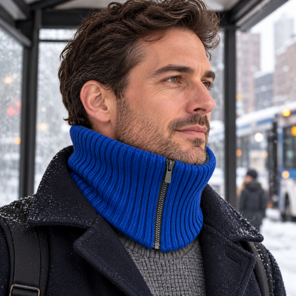 Split-Front Commuter Neck Collar — Cobalt Rib Knit with a Short Graphite Front Zip and a Curved Lower Edge