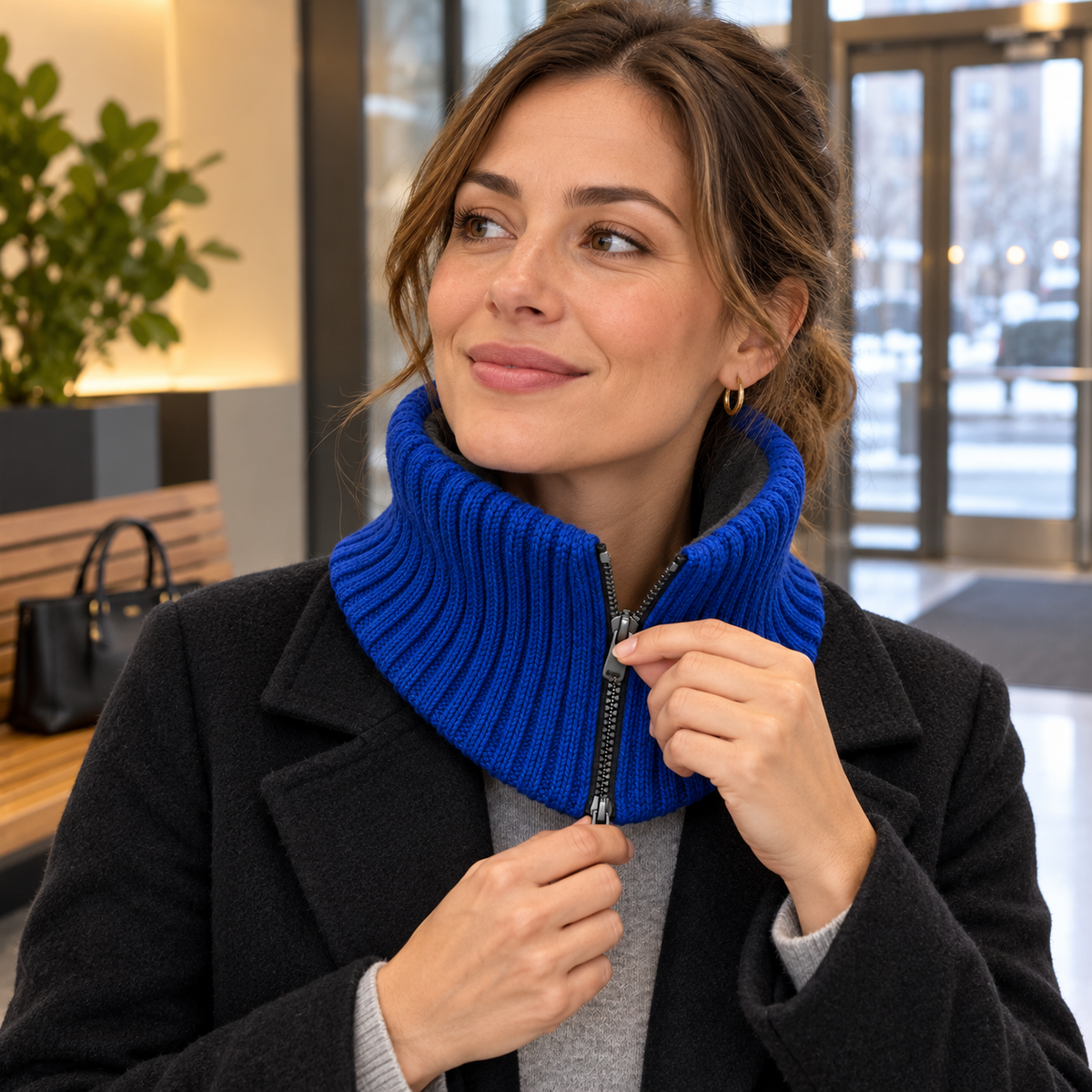 Split-Front Commuter Neck Collar — Cobalt Rib Knit with a Short Graphite Front Zip and a Curved Lower Edge
