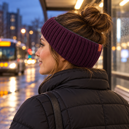 Wide-Back Knit Commuter Earband — Plum Ribbed Wrap with a Narrow Front and a Curved Graphite Inner Facing