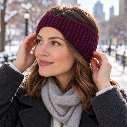 Wide-Back Knit Commuter Earband — Plum Ribbed Wrap with a Narrow Front and a Curved Graphite Inner Facing