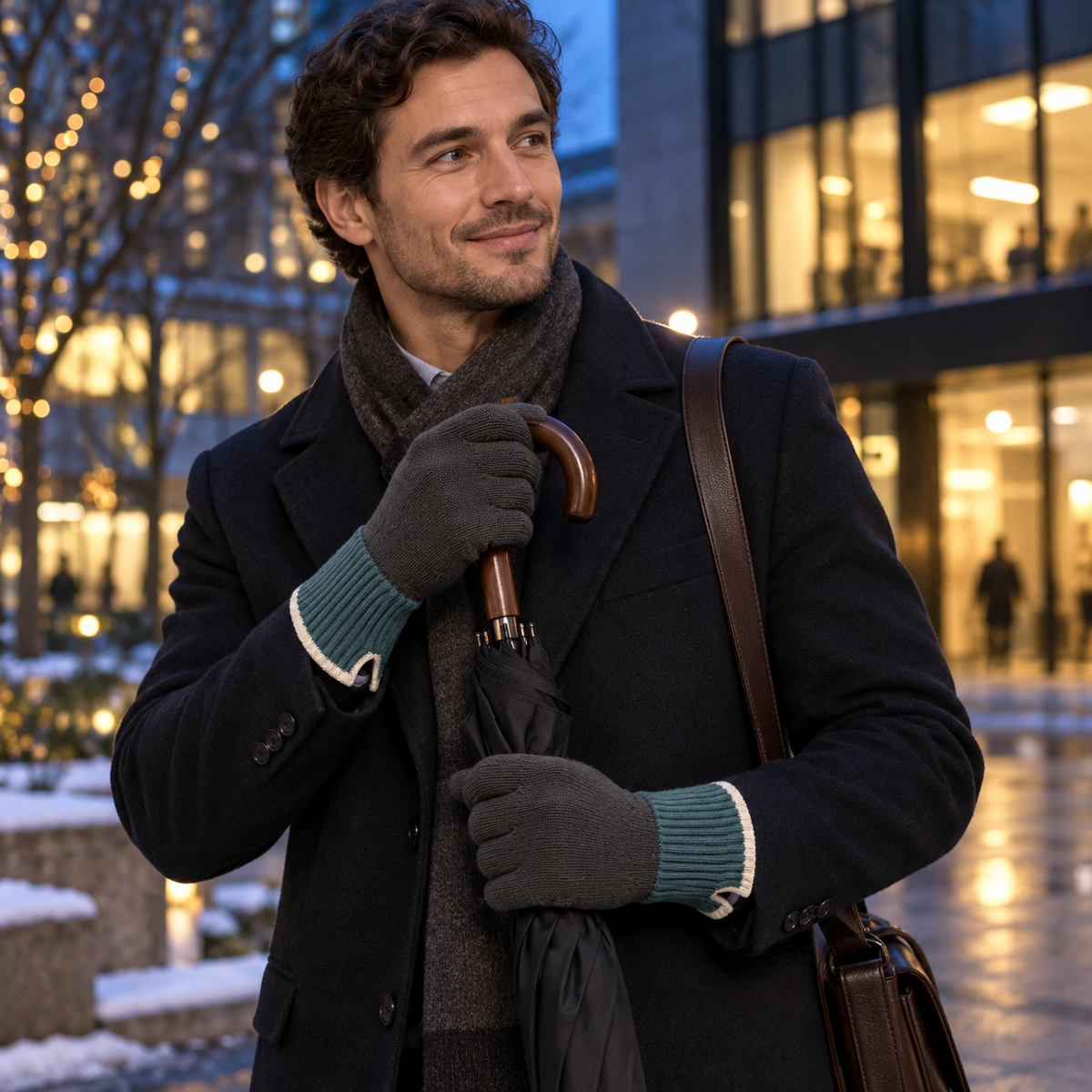 Split-Cuff Knit Commuter Gloves — Full-Finger Coverage with a Teal Ribbed Wrist and an Ivory Folded Edge