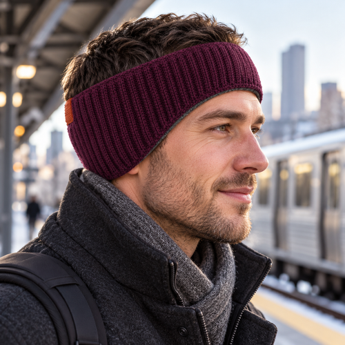 Wide-Back Knit Commuter Earband — Plum Ribbed Wrap with a Narrow Front and a Curved Graphite Inner Facing