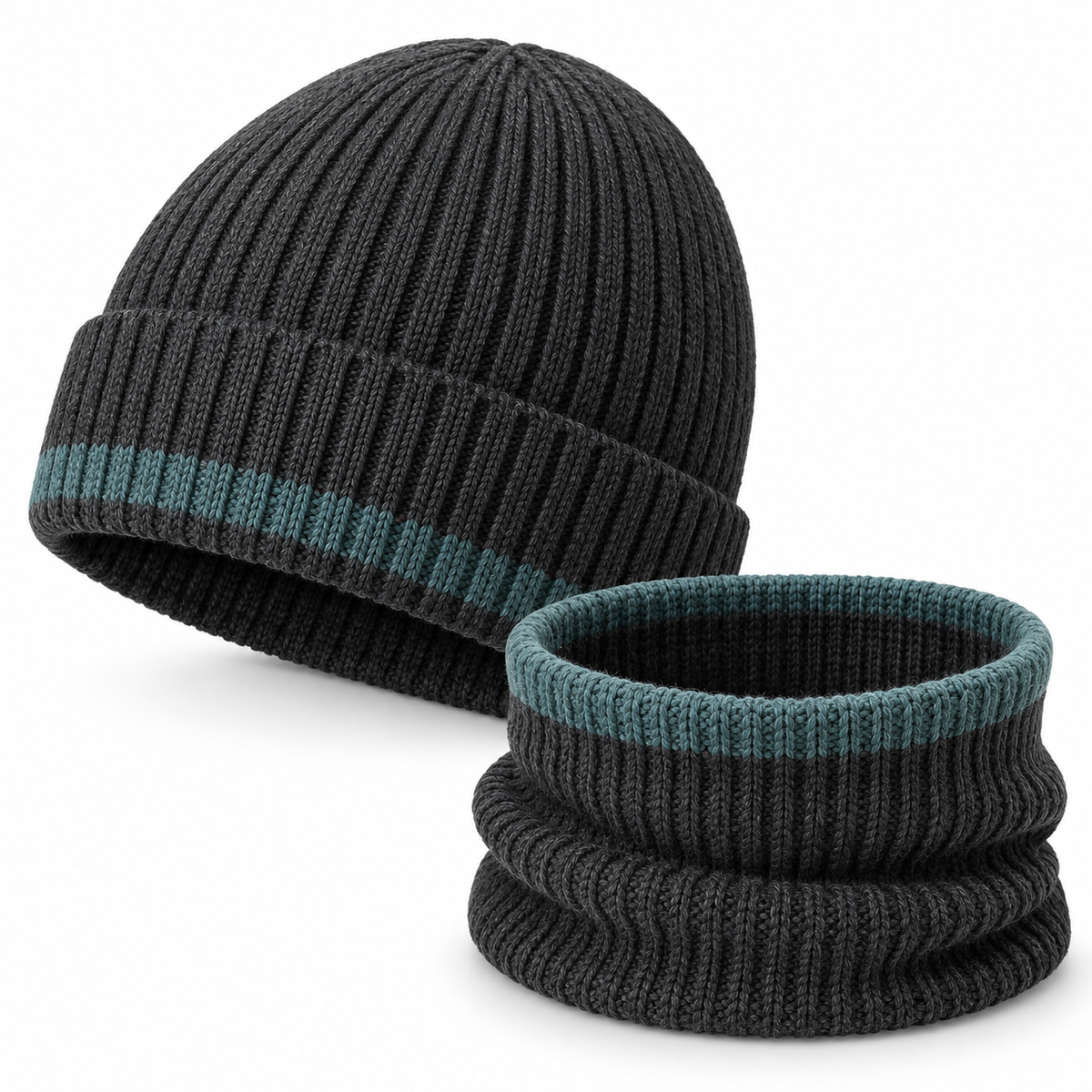 Matched-Rib Hat and Neck Loop Set — Charcoal Knit Beanie and Separate Teal-Edged Collar for Everyday Commuting