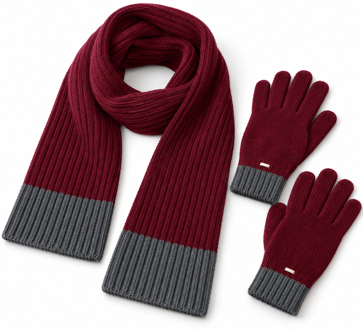 Coordinated Scarf and Glove Set — Wine Knit Scarf with Slate End Bands and Matching Full-Finger Commuter Gloves