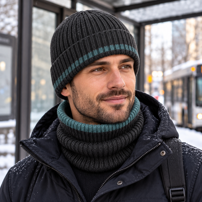 Matched-Rib Hat and Neck Loop Set — Charcoal Knit Beanie and Separate Teal-Edged Collar for Everyday Commuting