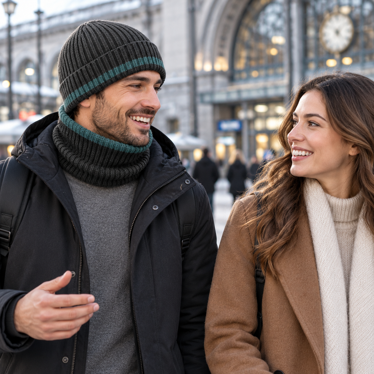 Matched-Rib Hat and Neck Loop Set — Charcoal Knit Beanie and Separate Teal-Edged Collar for Everyday Commuting