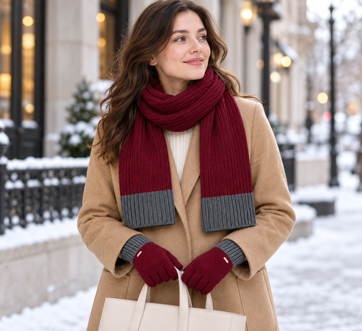 Coordinated Scarf and Glove Set — Wine Knit Scarf with Slate End Bands and Matching Full-Finger Commuter Gloves