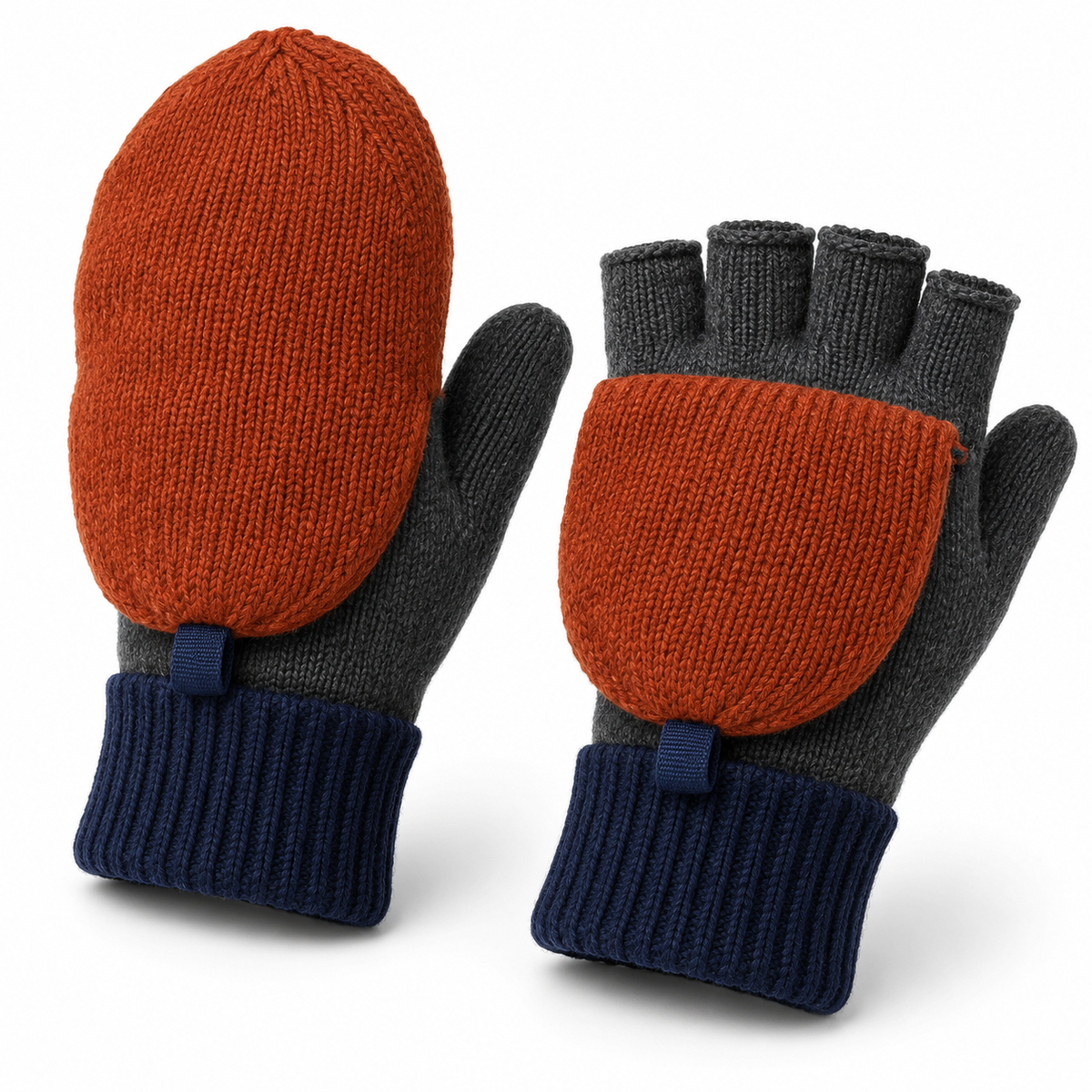 Fold-Back Commuter Mittens — Rust Knit Finger Covers with Graphite Open-Finger Bases and Navy Wrist Cuffs