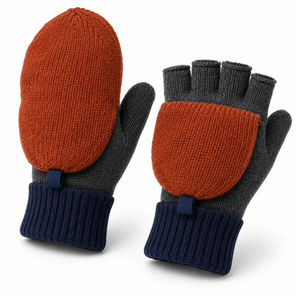 Fold-Back Commuter Mittens — Rust Knit Finger Covers with Graphite Open-Finger Bases and Navy Wrist Cuffs