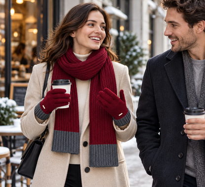 Coordinated Scarf and Glove Set — Wine Knit Scarf with Slate End Bands and Matching Full-Finger Commuter Gloves