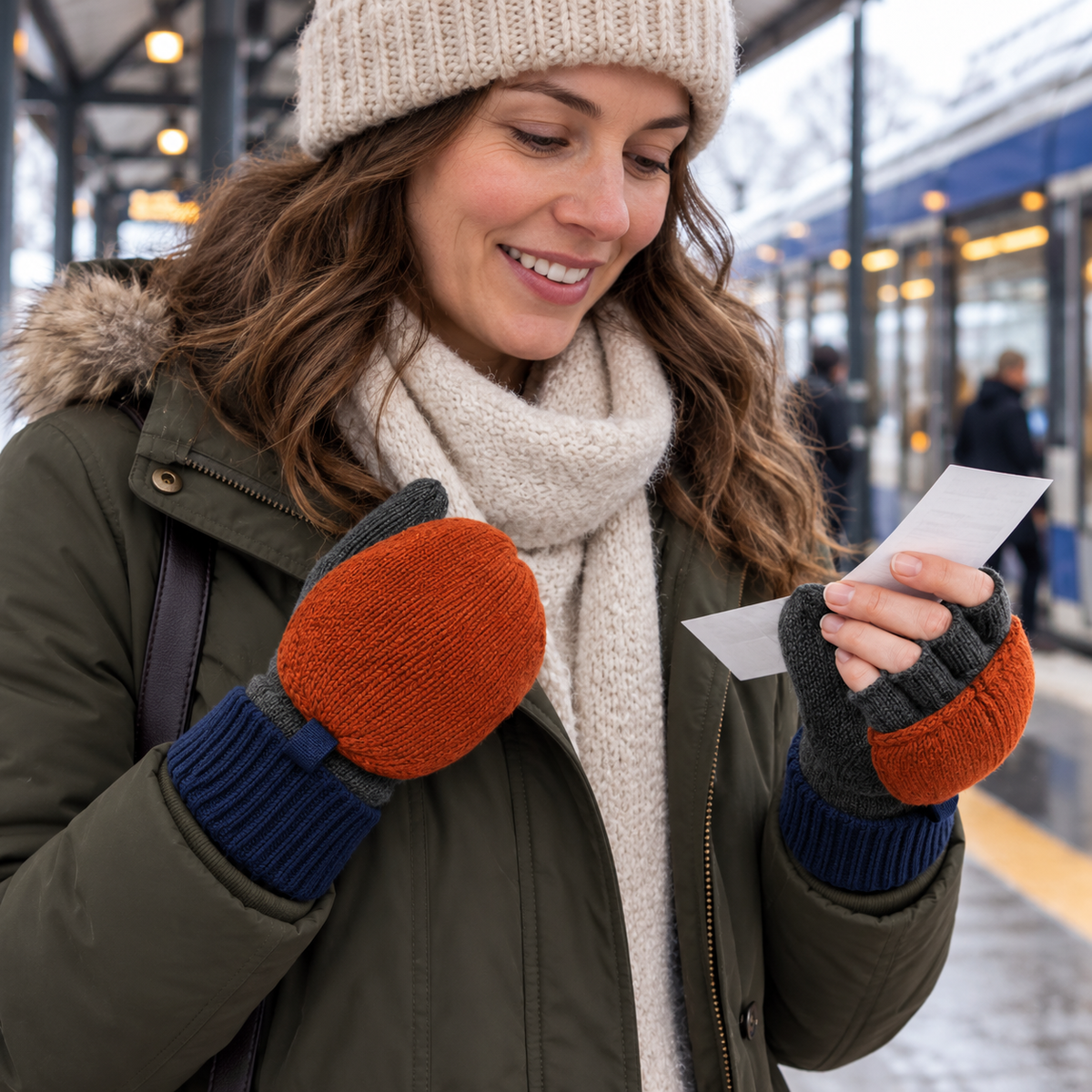 Fold-Back Commuter Mittens — Rust Knit Finger Covers with Graphite Open-Finger Bases and Navy Wrist Cuffs