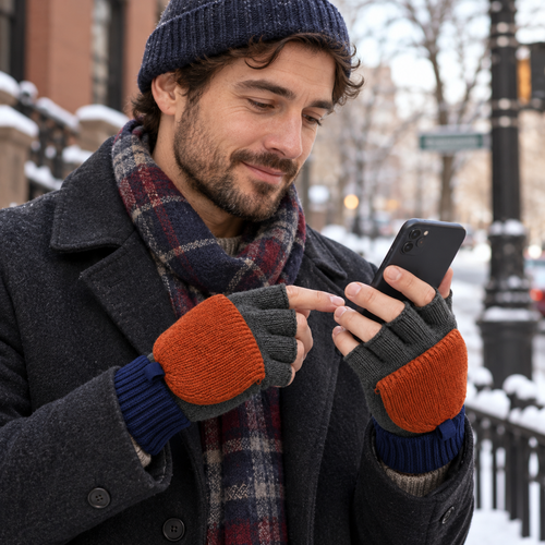 Fold-Back Commuter Mittens — Rust Knit Finger Covers with Graphite Open-Finger Bases and Navy Wrist Cuffs